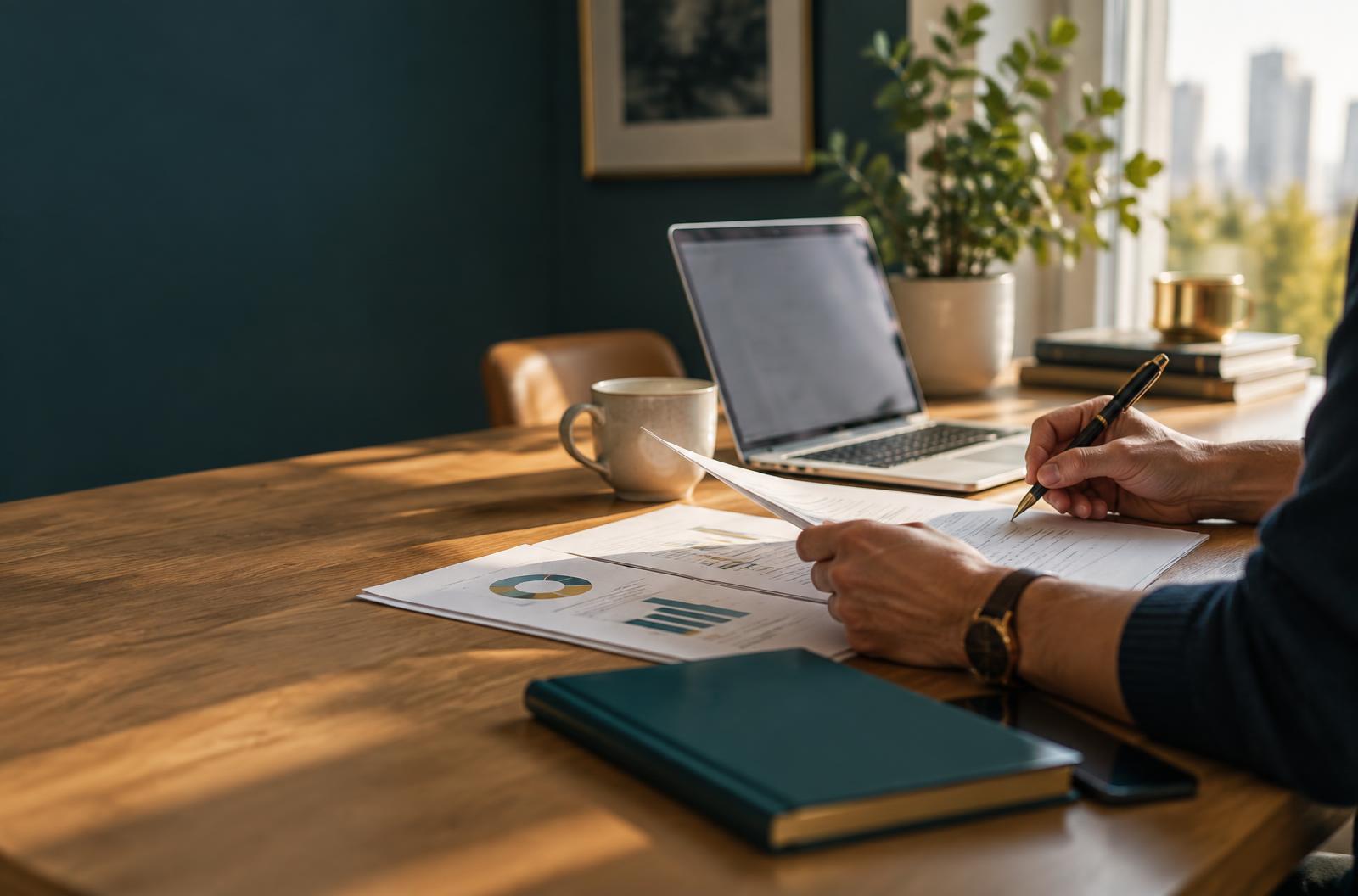 Hands reviewing business documents beside a laptop at a sunlit table